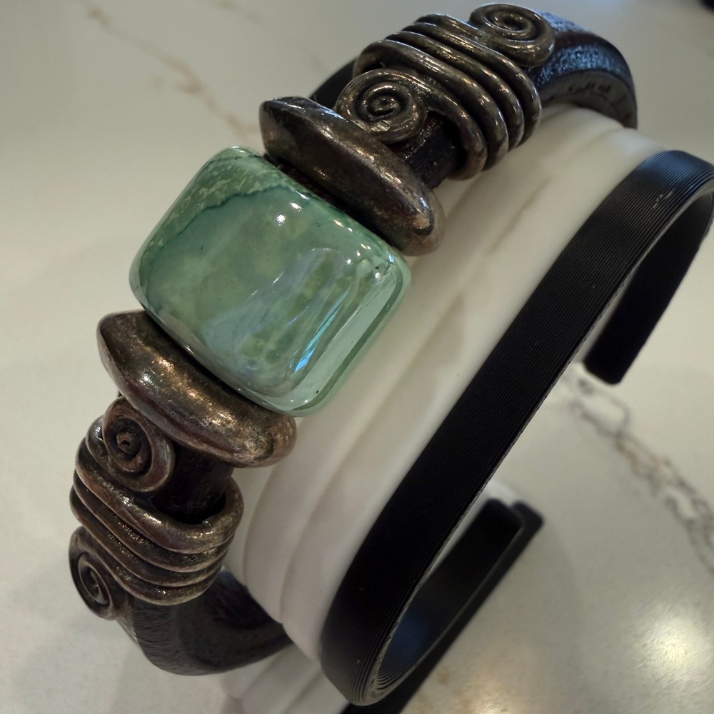 Boho Funky Green Cabochon Leather Cuff Bracelet Chunky Statement Artisan Style
